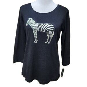 Karen Scott Black Knit Blouse Rhinestone Zebra Print NWT 100% Cotton 3/4 Sleeves